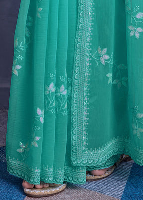 Sea Green Chiffon Silk Saree With Blouse Piece