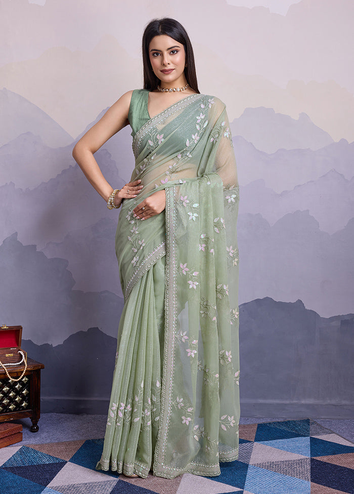 Green Chiffon Silk Saree With Blouse Piece