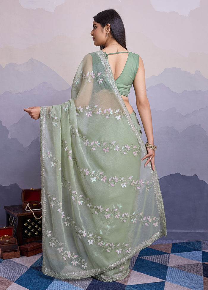 Green Chiffon Silk Saree With Blouse Piece