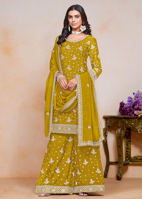 3 Pc Yellow Semi Stitched Silk Suit Set