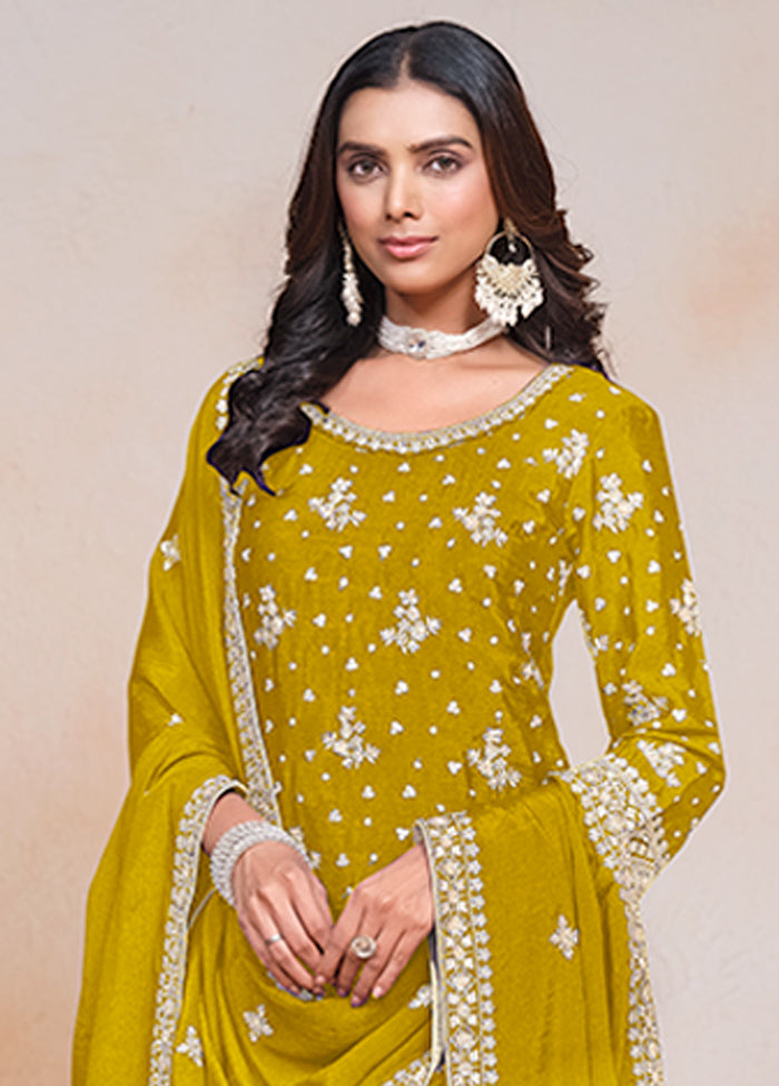 3 Pc Yellow Semi Stitched Silk Suit Set