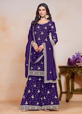 3 Pc Purple Semi Stitched Silk Suit Set