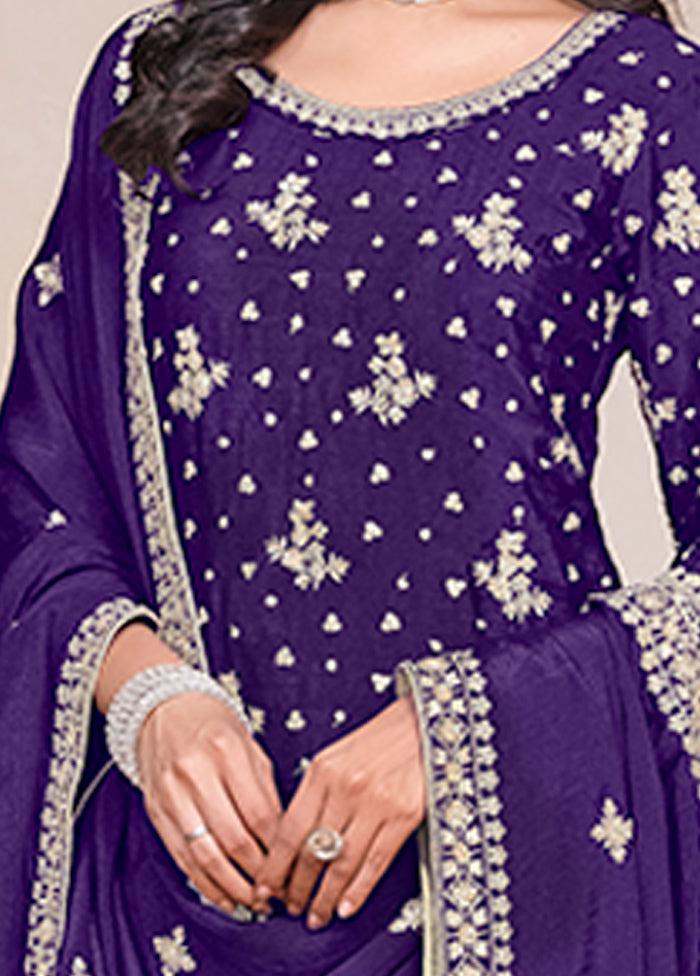 3 Pc Purple Semi Stitched Silk Suit Set