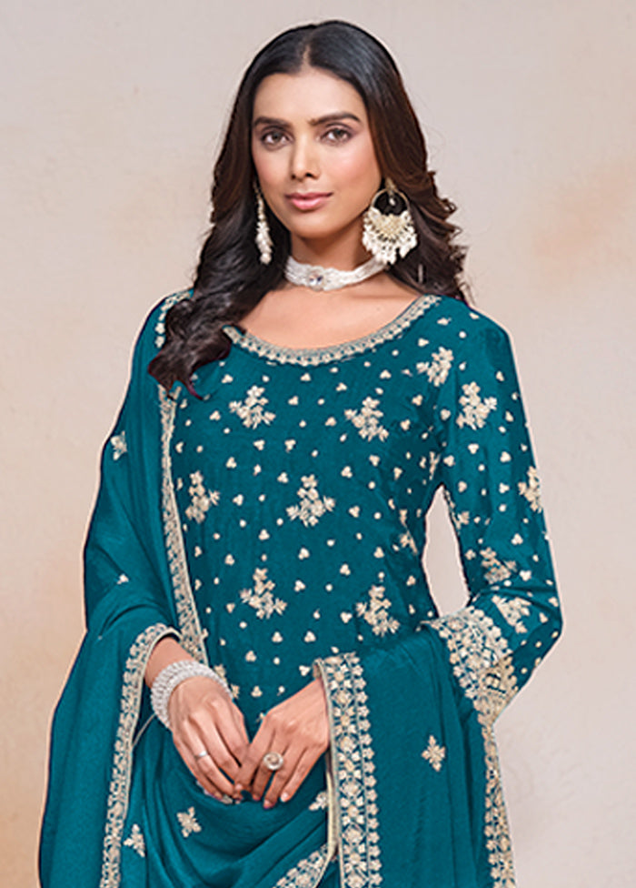 3 Pc Teal Semi Stitched Silk Suit Set