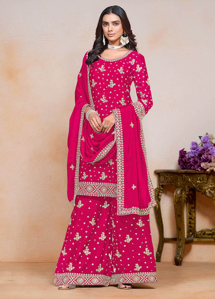 3 Pc Pink Semi Stitched Silk Suit Set