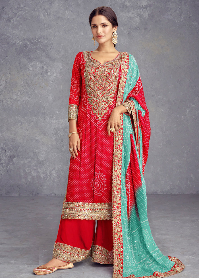 3 Pc Red Semi Stitched Silk Suit Set