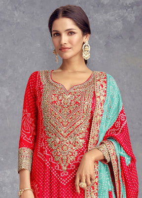 3 Pc Red Semi Stitched Silk Suit Set