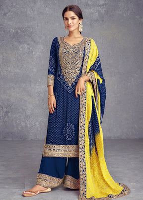 3 Pc Blue Semi Stitched Silk Suit Set