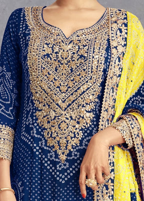 3 Pc Blue Semi Stitched Silk Suit Set