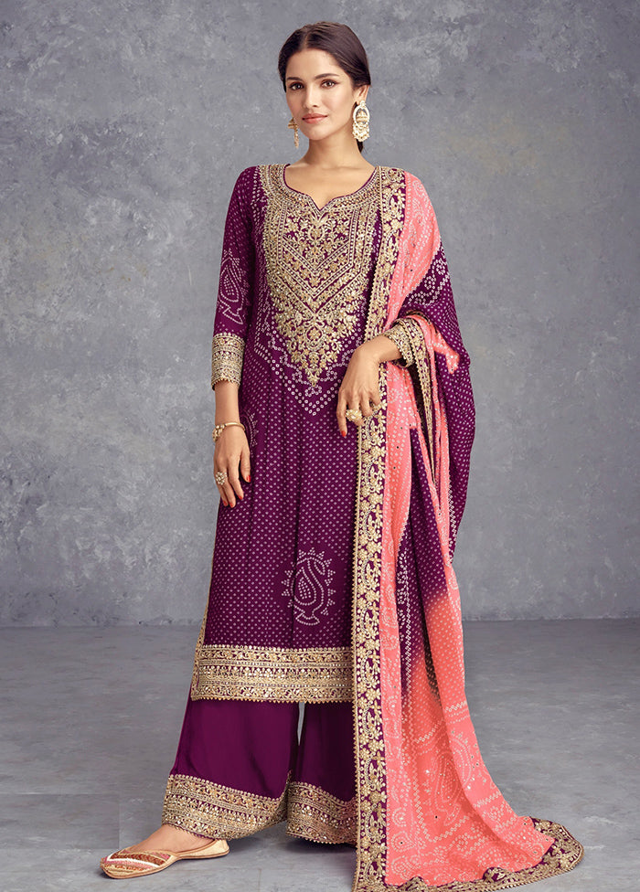 3 Pc Purple Semi Stitched Silk Suit Set