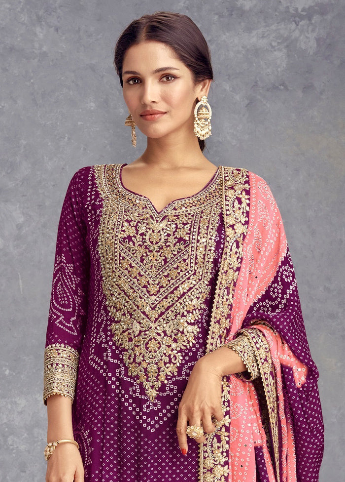 3 Pc Purple Semi Stitched Silk Suit Set