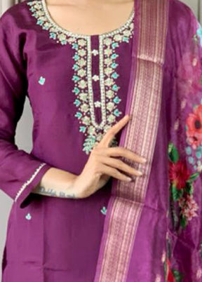 3 Pc Purple Readymade Chanderi Suit Set