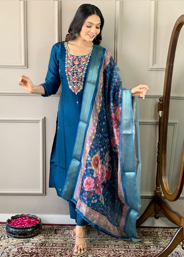 3 Pc Teal Blue Readymade Chanderi Suit Set