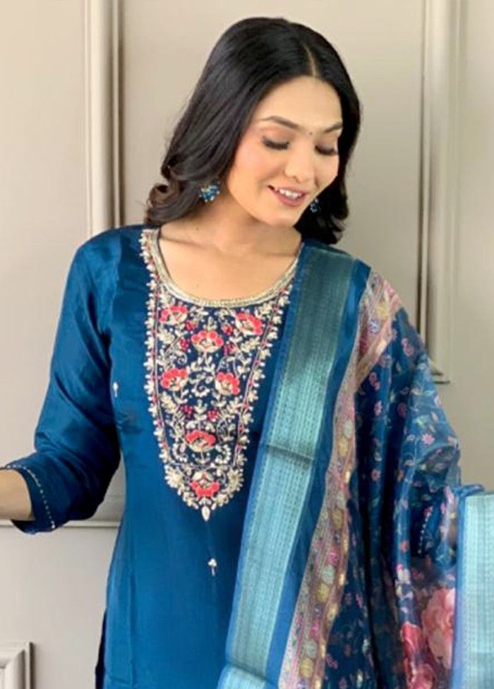 3 Pc Teal Blue Readymade Chanderi Suit Set