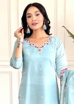 3 Pc Sky Blue Readymade Chanderi Suit Set