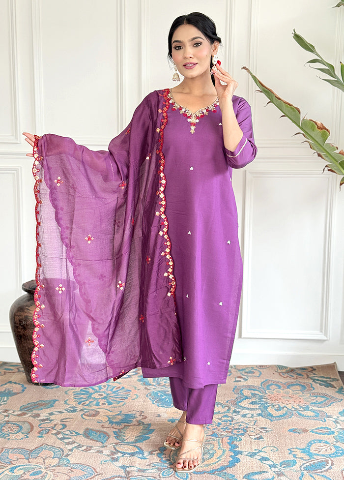 3 Pc Purple Readymade Chanderi Suit Set