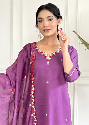 3 Pc Purple Readymade Chanderi Suit Set