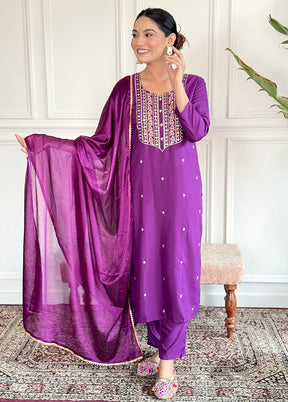 3 Pc Purple Readymade Rayon Suit Set