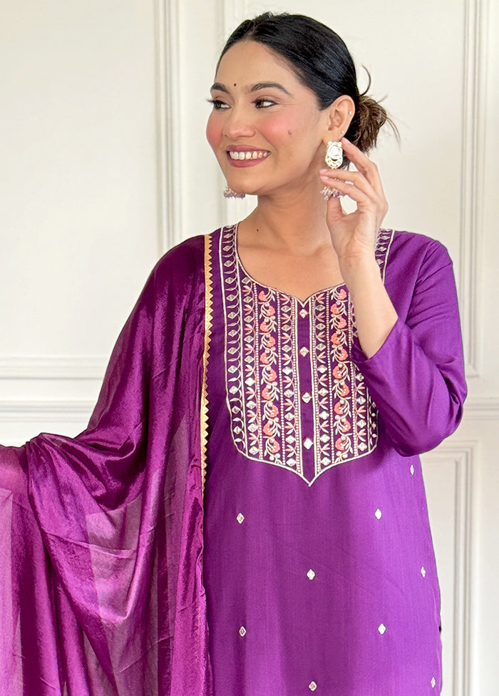 3 Pc Purple Readymade Rayon Suit Set