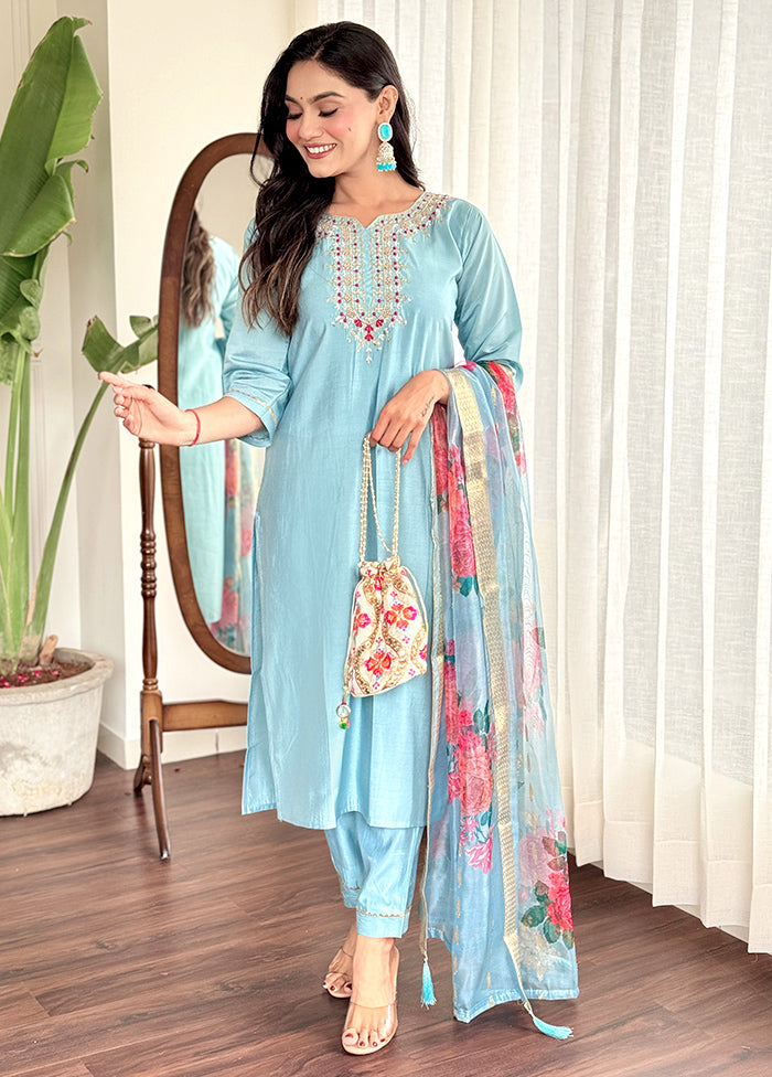 3 Pc Sky Blue Readymade Chanderi Suit Set