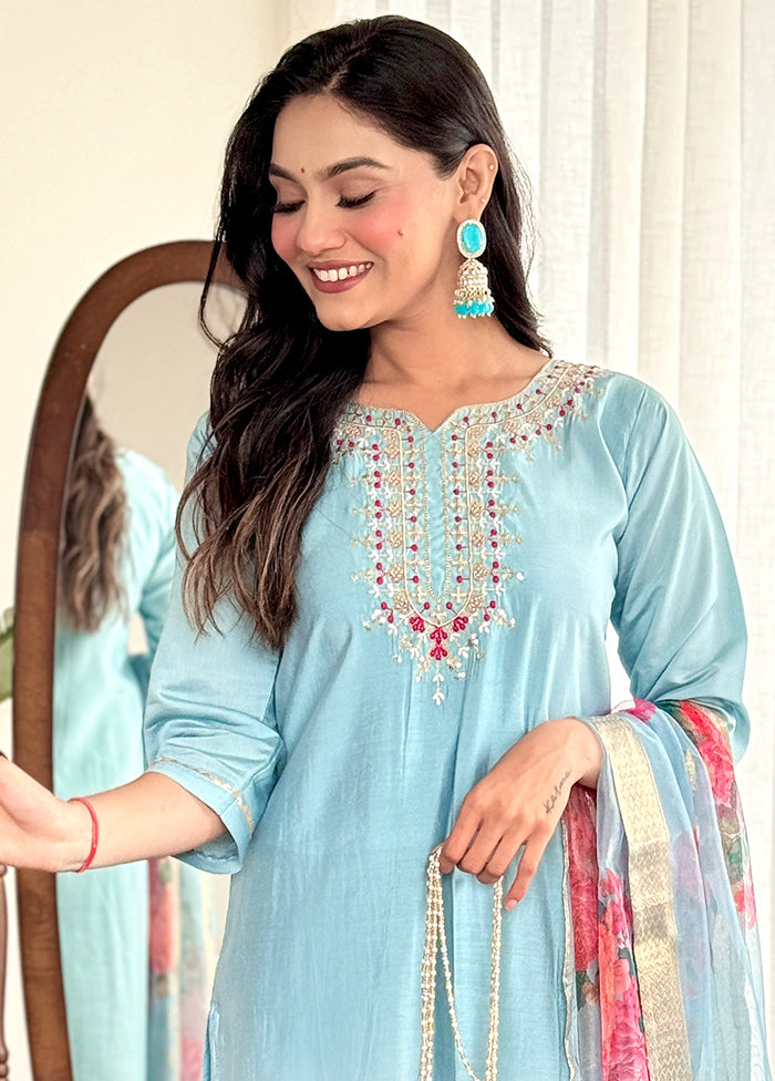 3 Pc Sky Blue Readymade Chanderi Suit Set