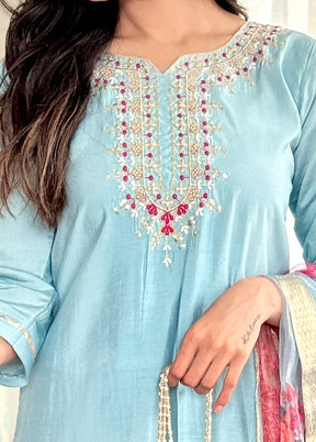 3 Pc Sky Blue Readymade Chanderi Suit Set