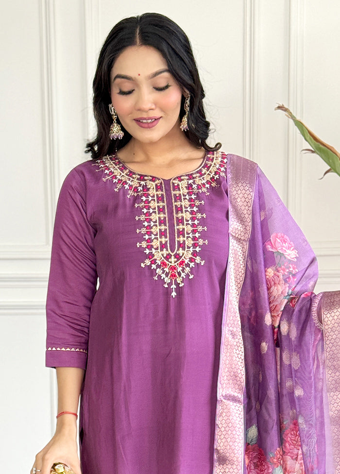 3 Pc Purple Readymade Chanderi Suit Set