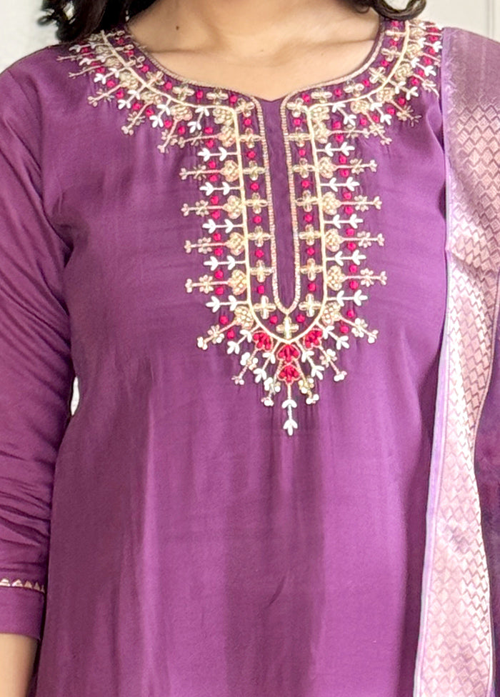 3 Pc Purple Readymade Chanderi Suit Set