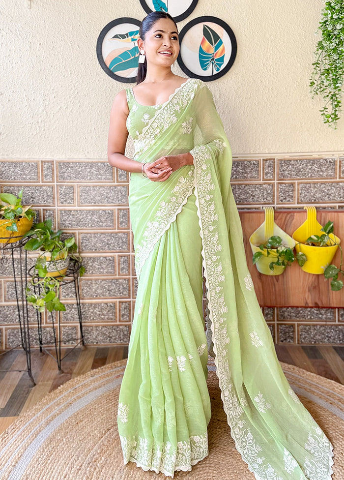 Pista Green Spun Silk Saree With Blouse Piece