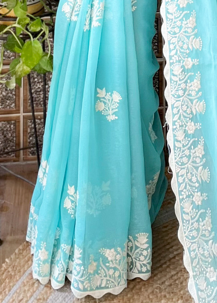 Sky Blue Spun Silk Saree With Blouse Piece