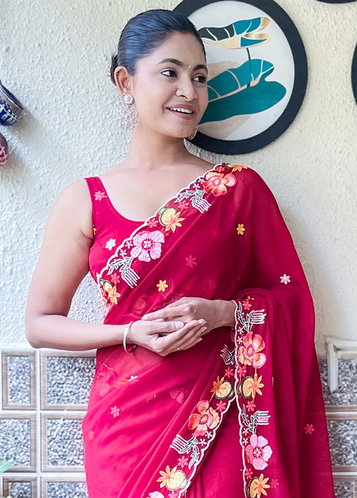 Maroon Georgette Saree With Blouse Piece