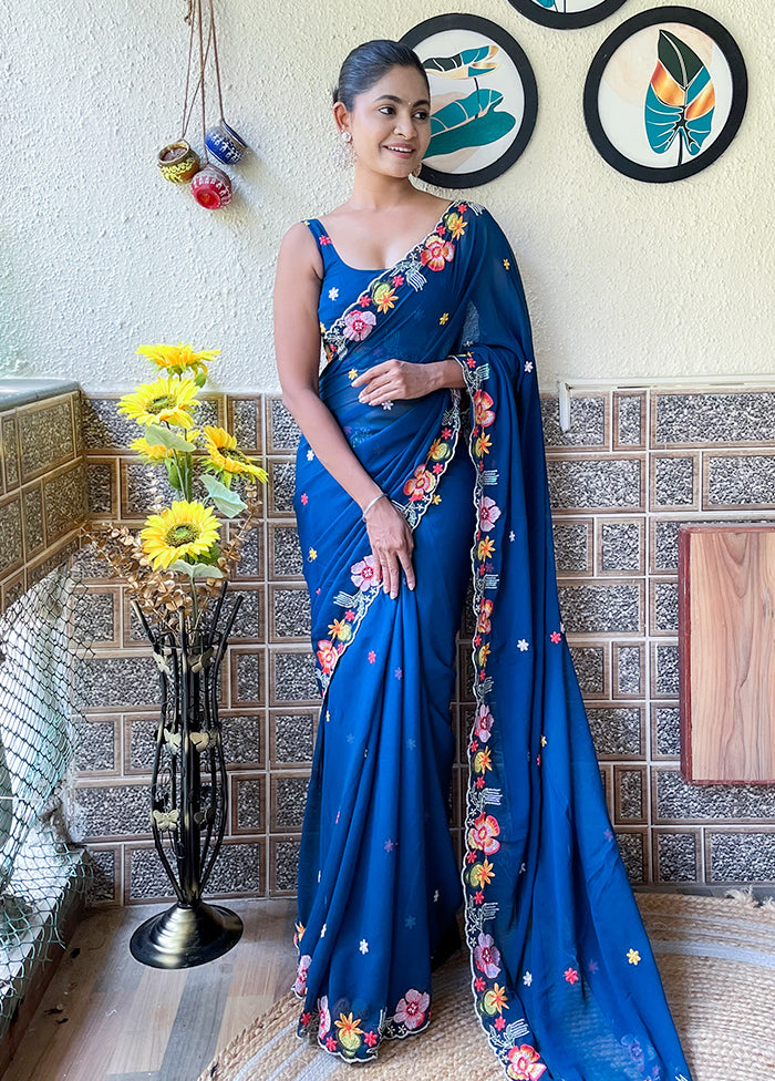 Blue Georgette Saree With Blouse Piece