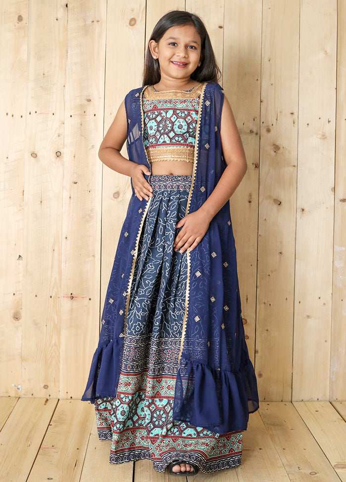 Blue Silk Digital Printed Work Lehenga With Shrug