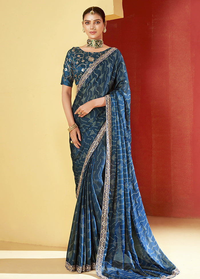 Navy Blue Chiffon Silk Saree With Blouse Piece