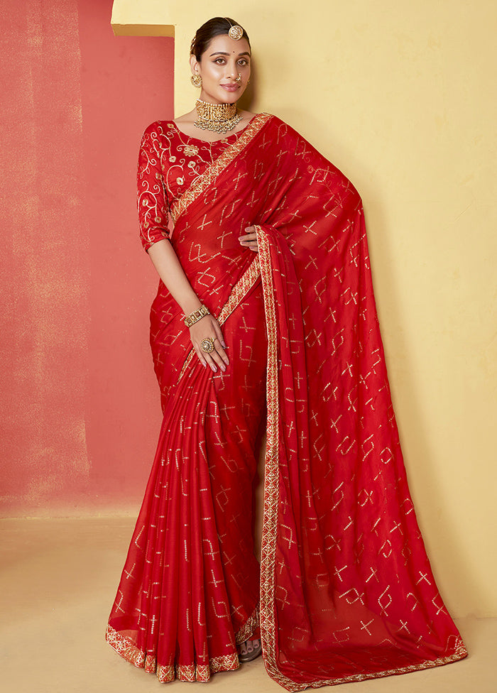 Red Chiffon Silk Saree With Blouse Piece