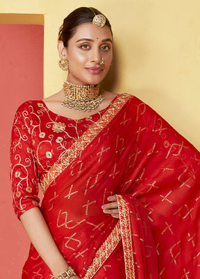 Red Chiffon Silk Saree With Blouse Piece