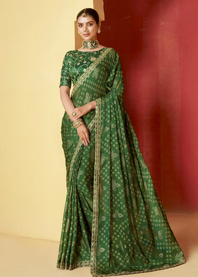 Pine Green Chiffon Silk Saree With Blouse Piece