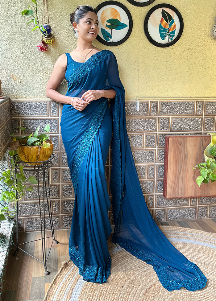 Blue Georgette Saree With Blouse Piece