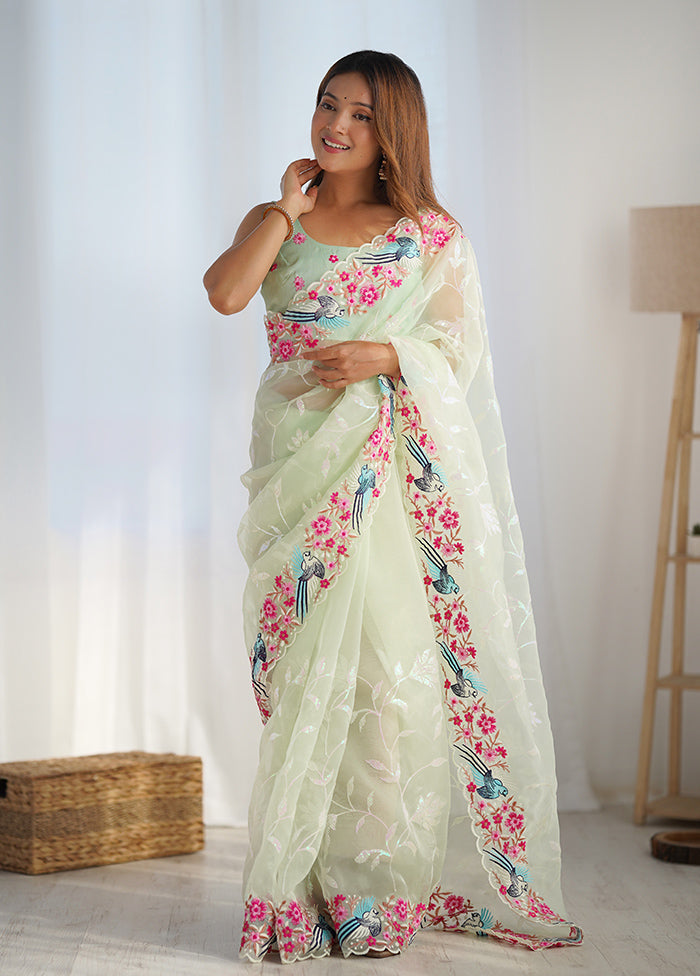 Pista Green Organza Saree With Blouse Piece