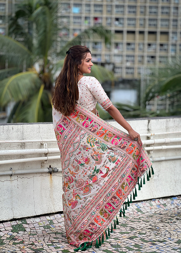 White Pasmina Silk Saree With Blouse Piece