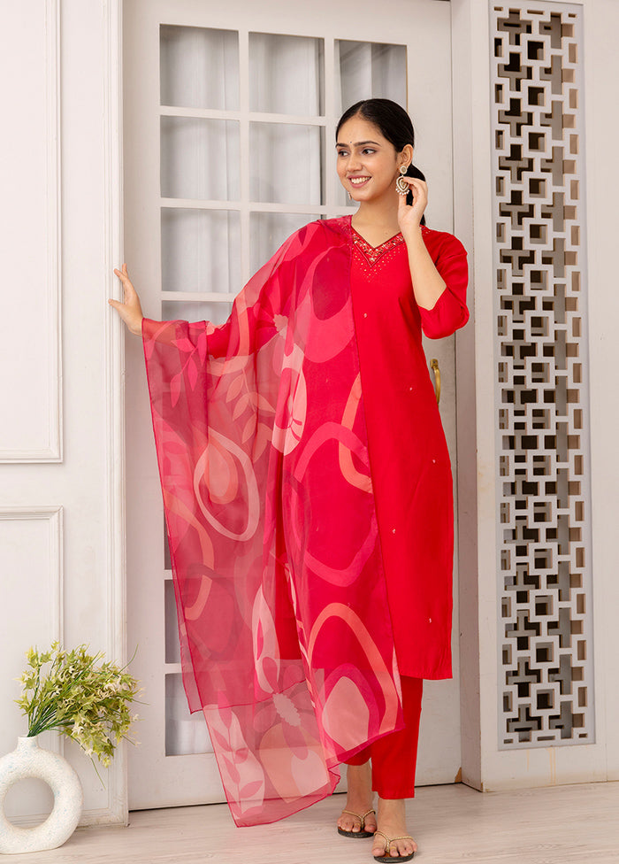 3 Pc Red Readymade Viscose Suit Set