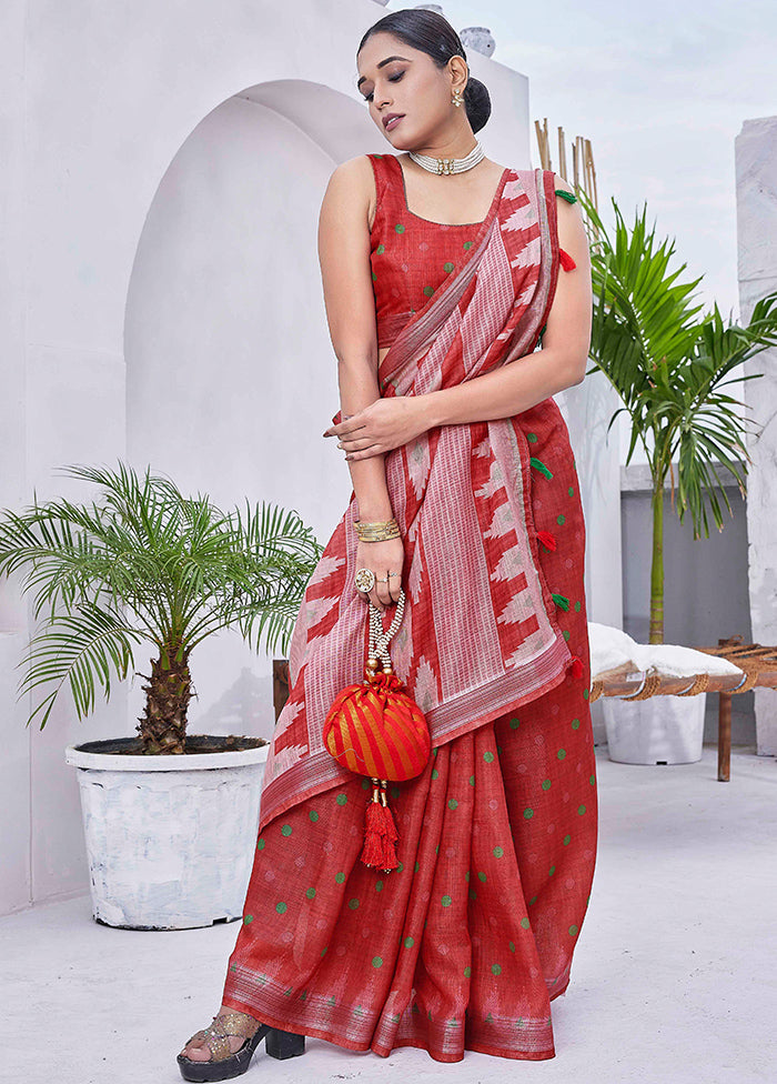 Red Linen Silk Saree With Blouse Piece