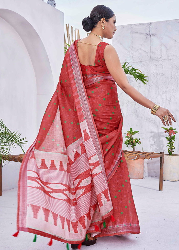 Red Linen Silk Saree With Blouse Piece