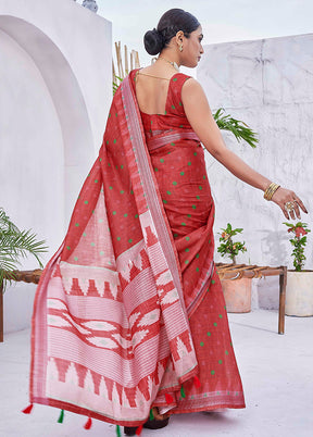 Red Linen Silk Saree With Blouse Piece