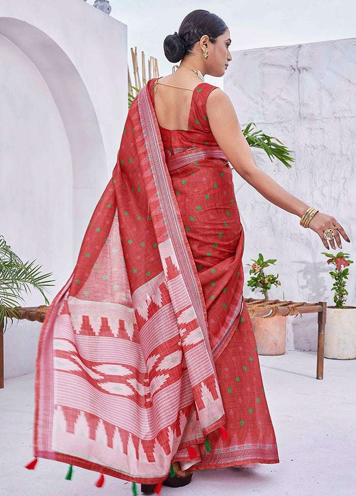 Red Linen Silk Saree With Blouse Piece