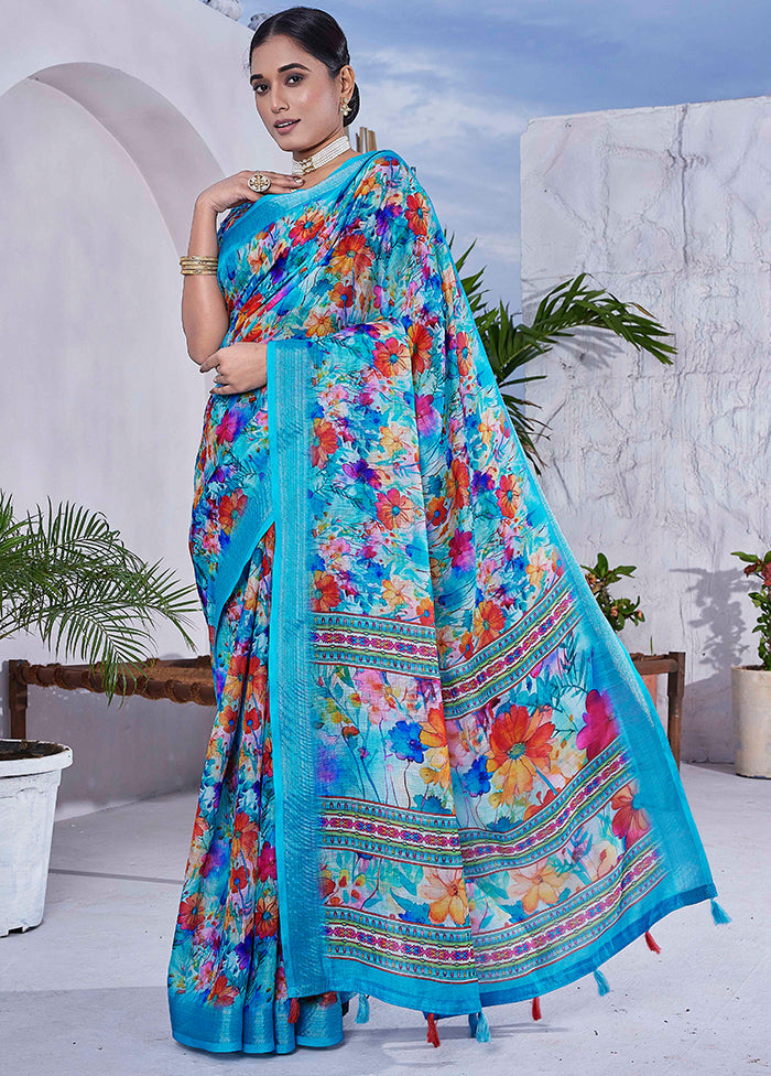 Blue Linen Silk Saree With Blouse Piece