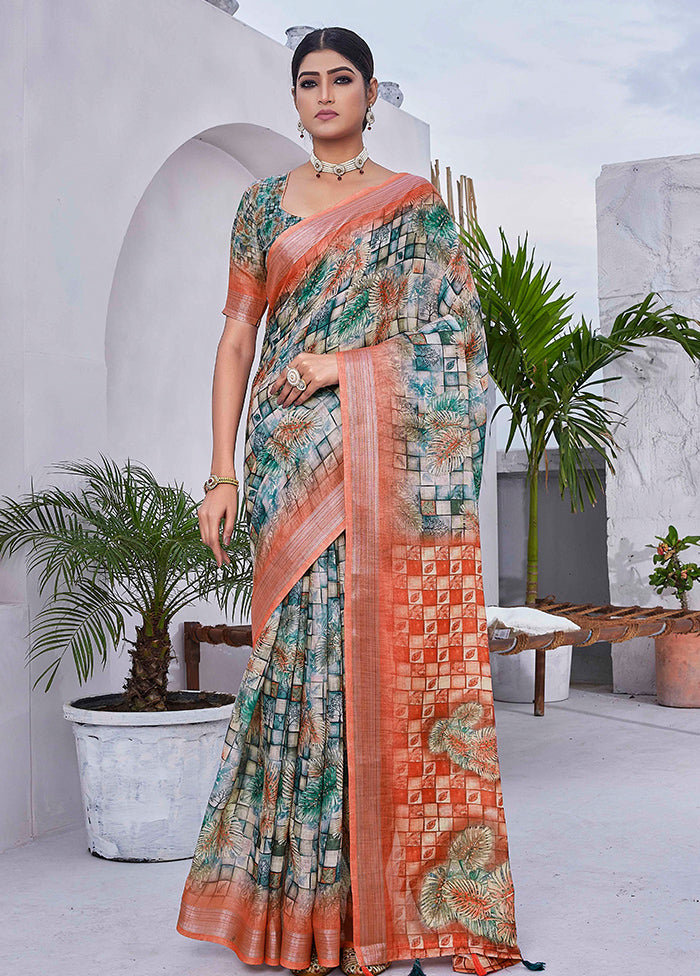 Green Linen Silk Saree With Blouse Piece