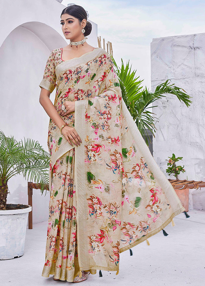 Beige Linen Silk Saree With Blouse Piece