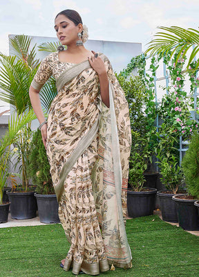 Cream Linen Silk Saree With Blouse Piece