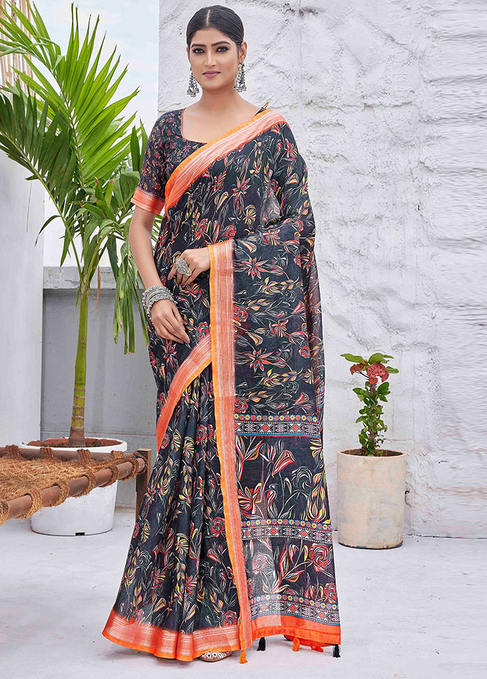 Black Linen Silk Saree With Blouse Piece